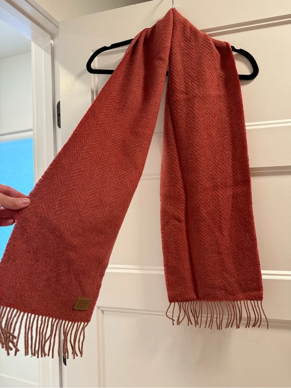 Coach Rust-Pink Herringbone Scarf with Fringe